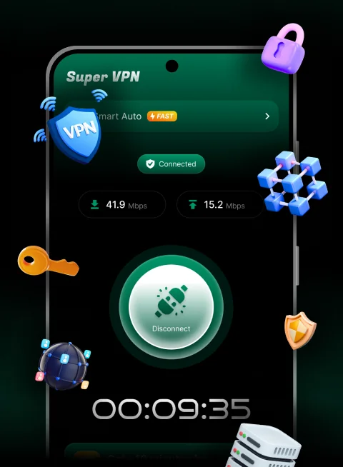 Super VPN connected, showing Smart Auto server, live speeds and the session timer