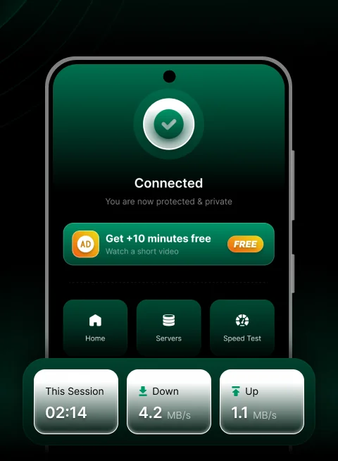 Connected screen with session duration, download and upload counters
